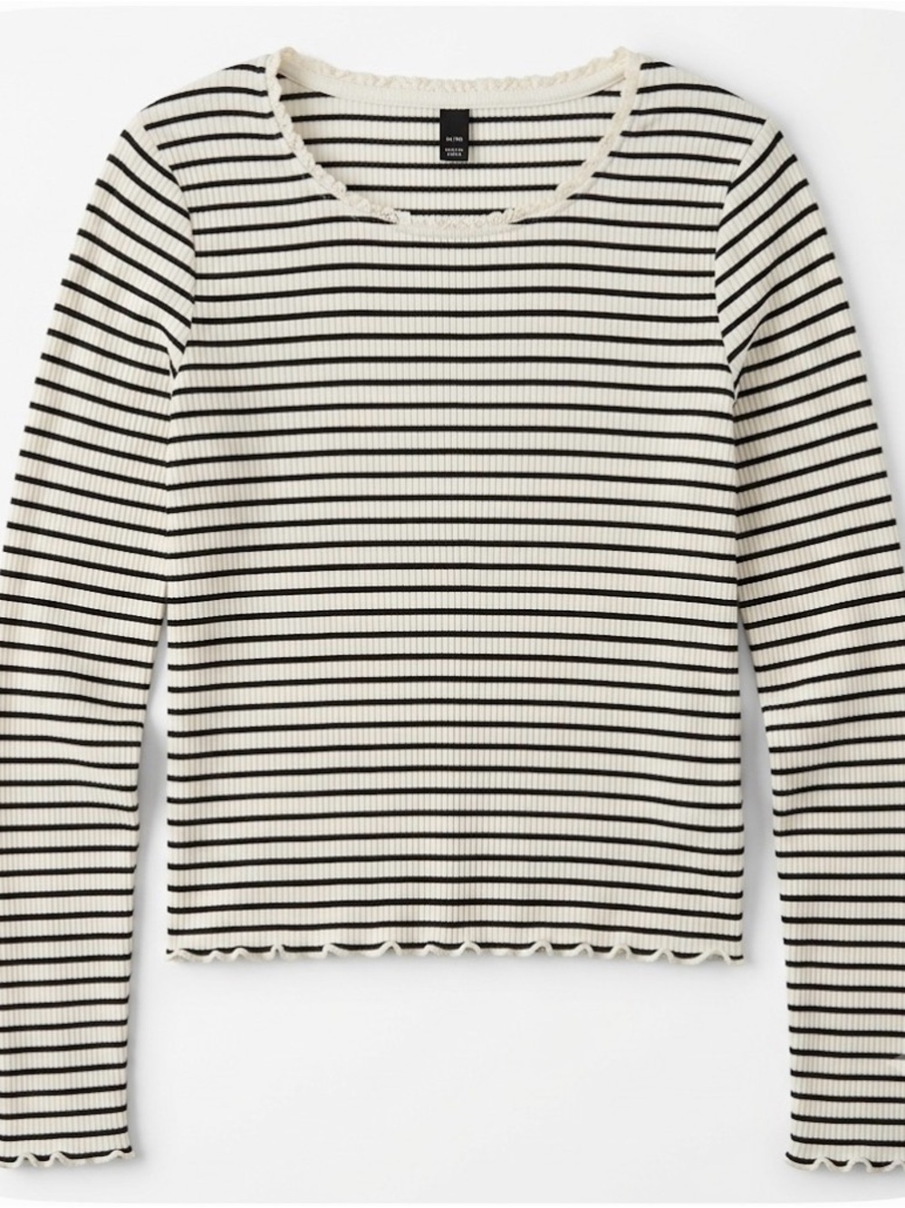 ART CLASS Striped Ribbed Lettuce Hem/Cuff Top, Girls XL, White Black
